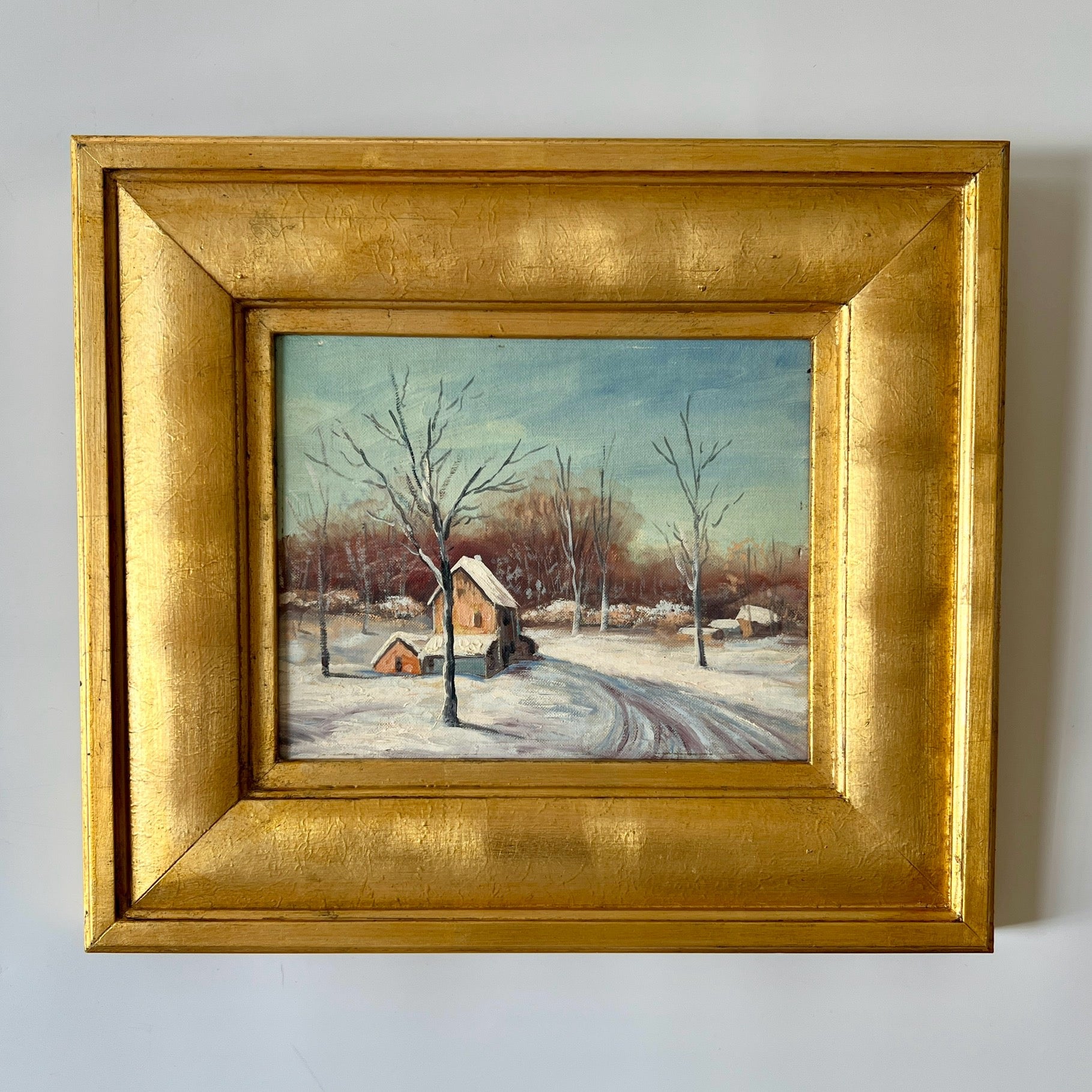 VTG. Winter Landscape Oil Painting Cottage Country, Unsigned Ornate Gold Frame deals