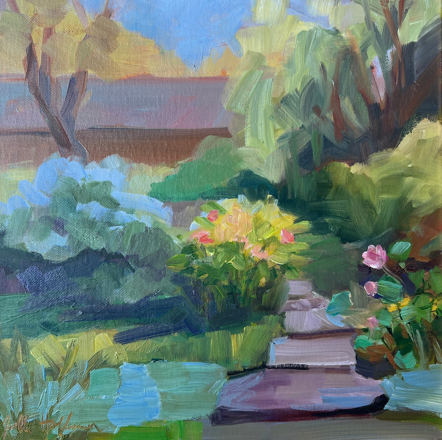 Garden Walk Landscape Oil Painting in Gold Frame