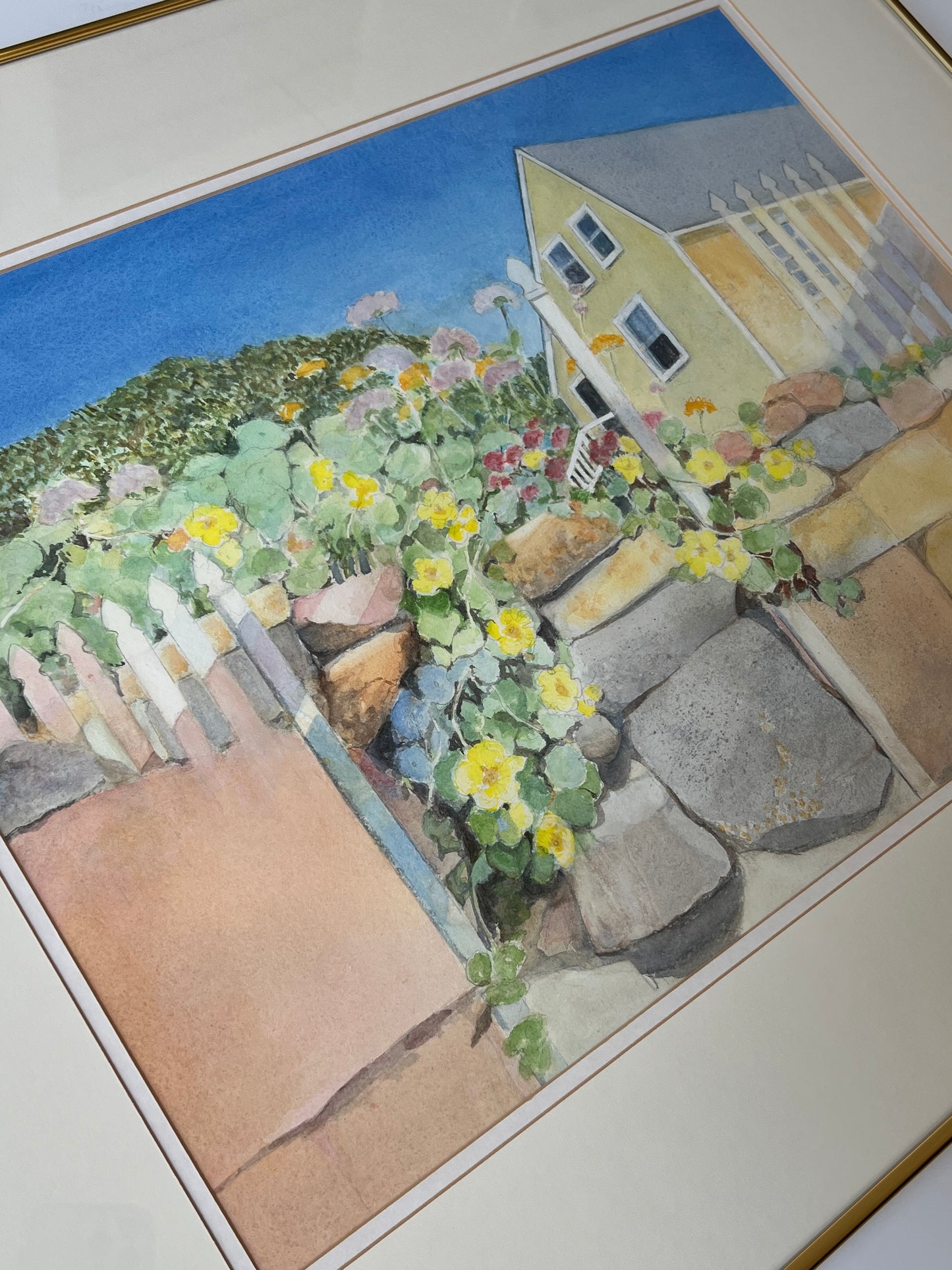 Vintage Gouache New England Yellow Saltbox Cottage Painting in Gold Frame