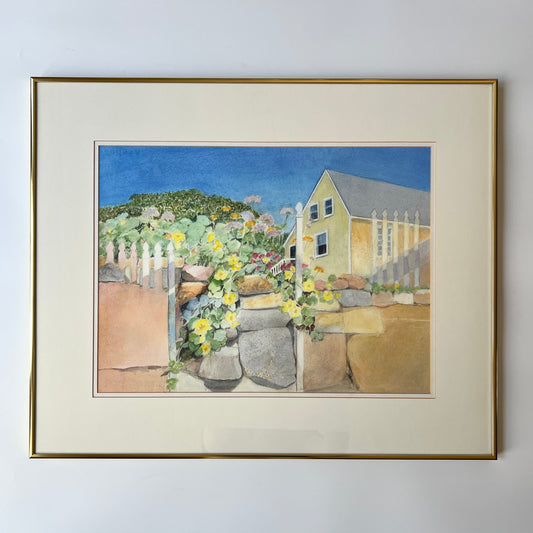 Vintage Gouache New England Yellow Saltbox Cottage Painting in Gold Frame