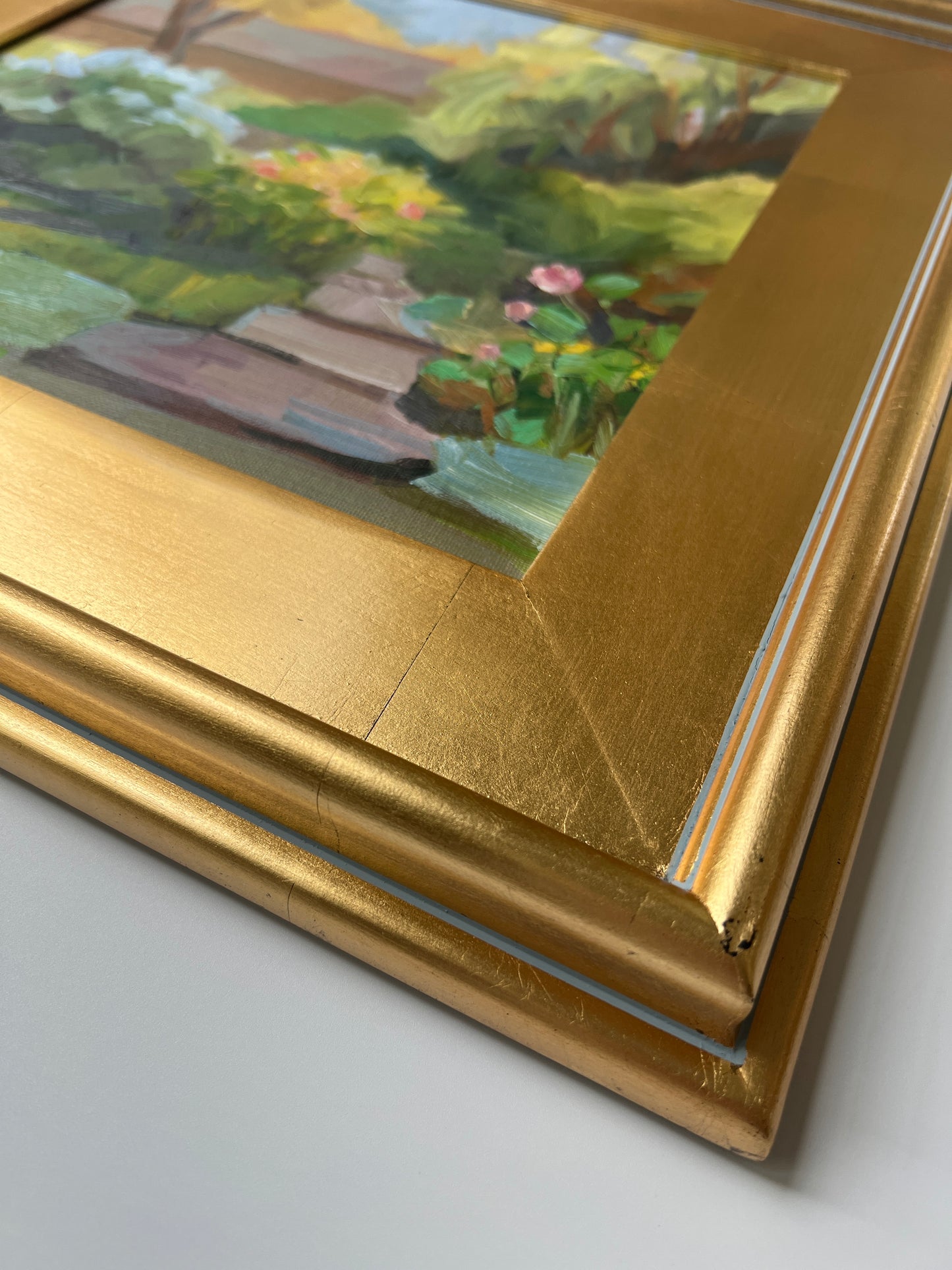 Garden Walk Landscape Oil Painting in Gold Frame