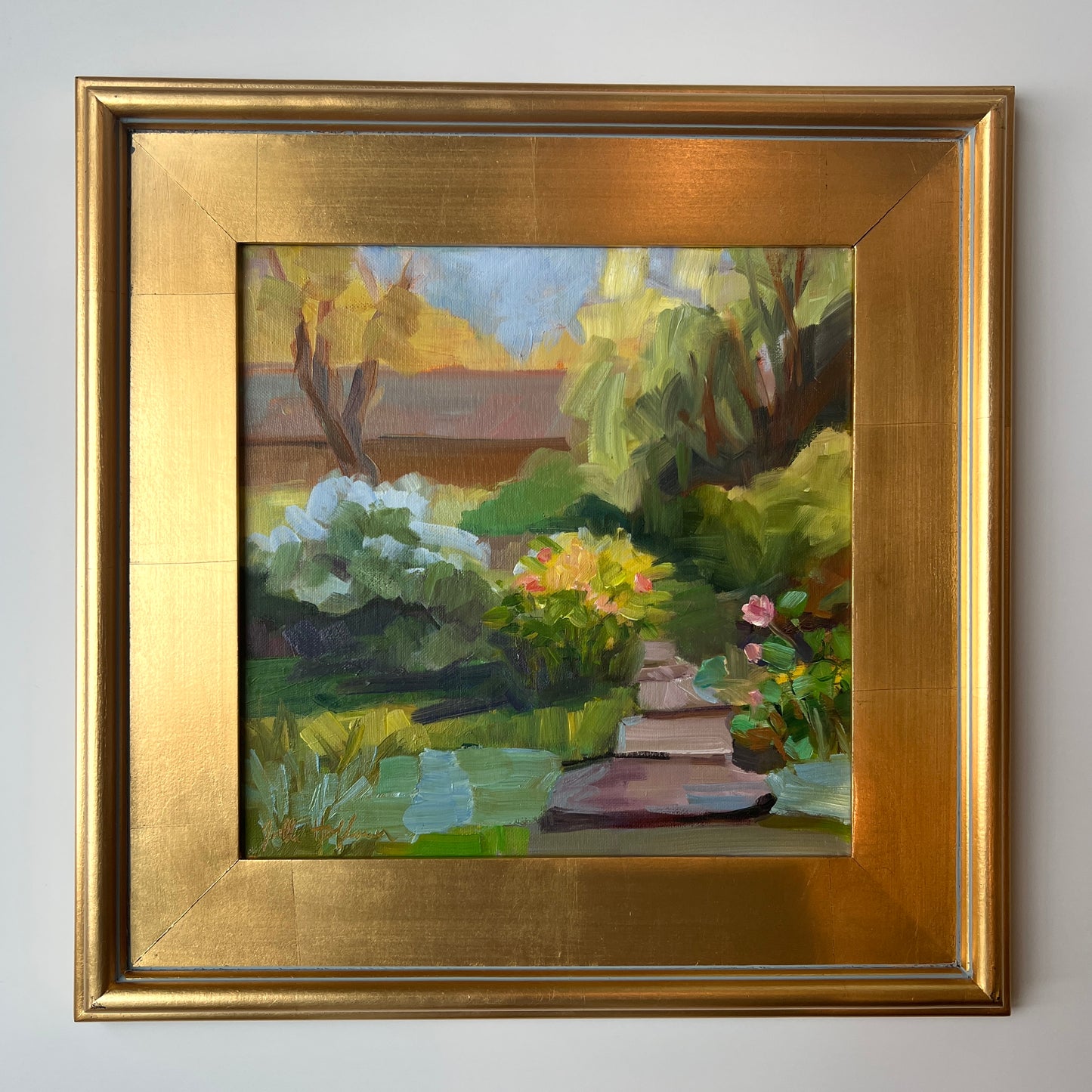 Garden Walk Landscape Oil Painting in Gold Frame