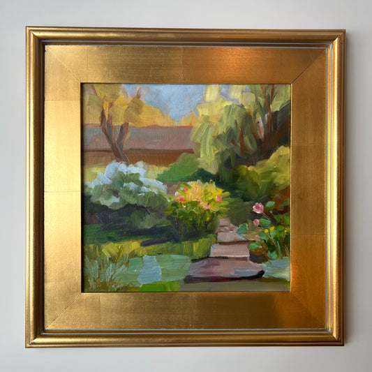 Garden Walk Landscape Oil Painting in Gold Frame