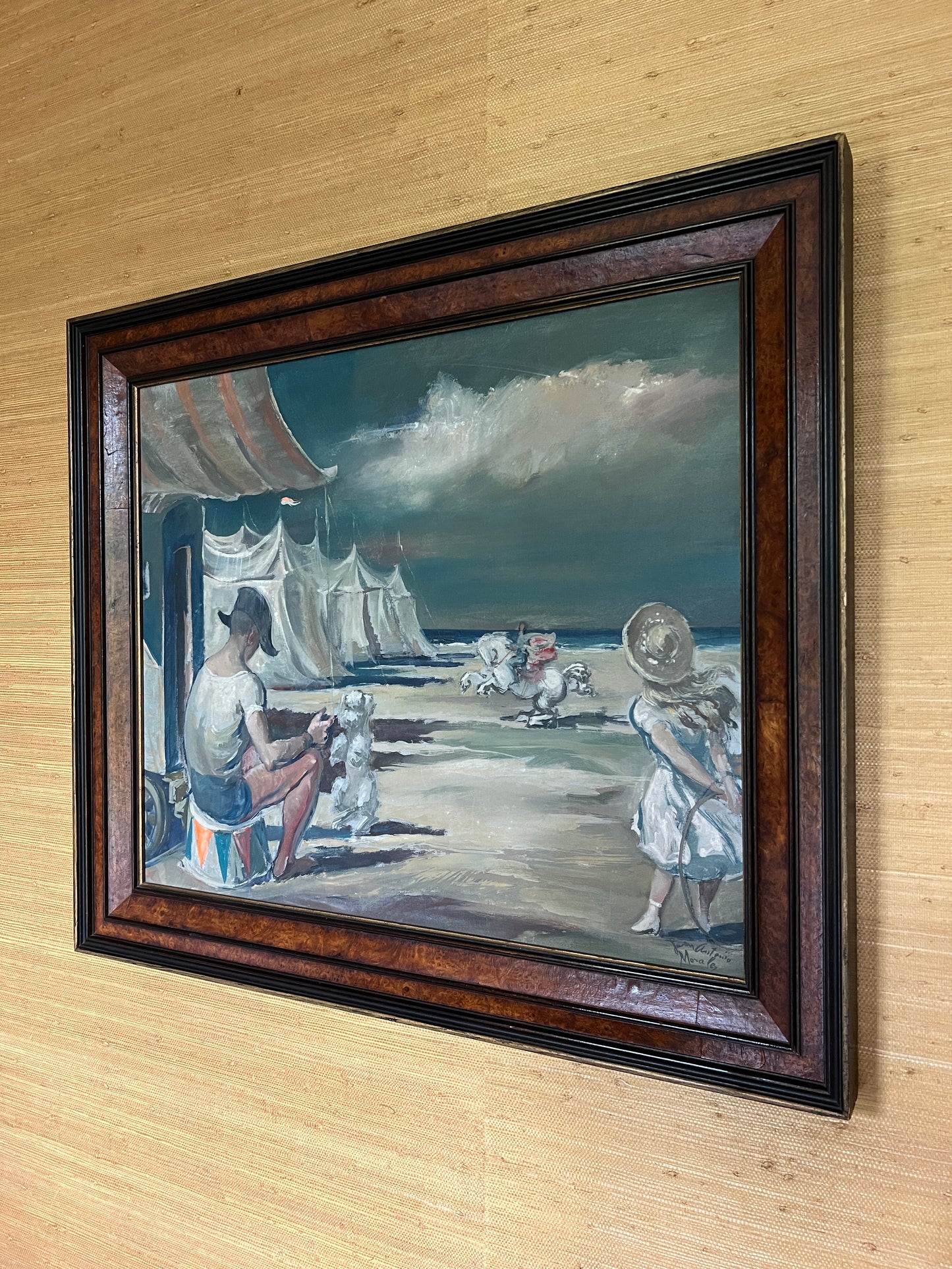 Juan Antonio Morales (Spanish, 1909-1984) Circus Troupe at the Beach Oil Painting in Burl Frame