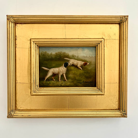 Early 20th Century Pointer Hunting Dogs Portrait Oil on Board Painting in Gold Frame