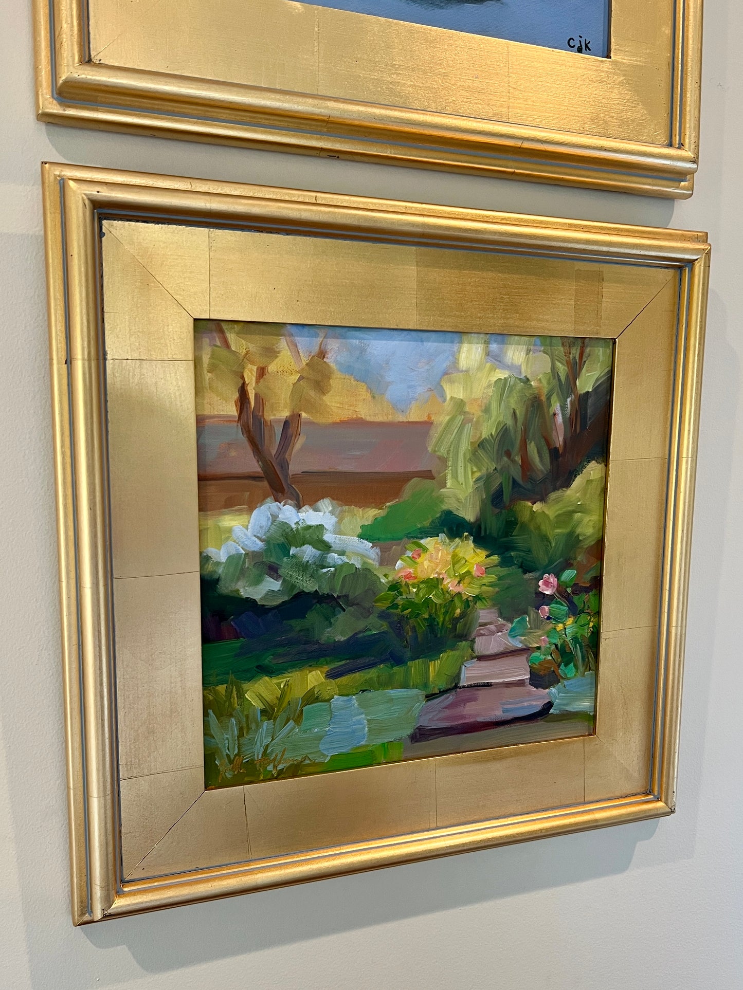 Garden Walk Landscape Oil Painting in Gold Frame