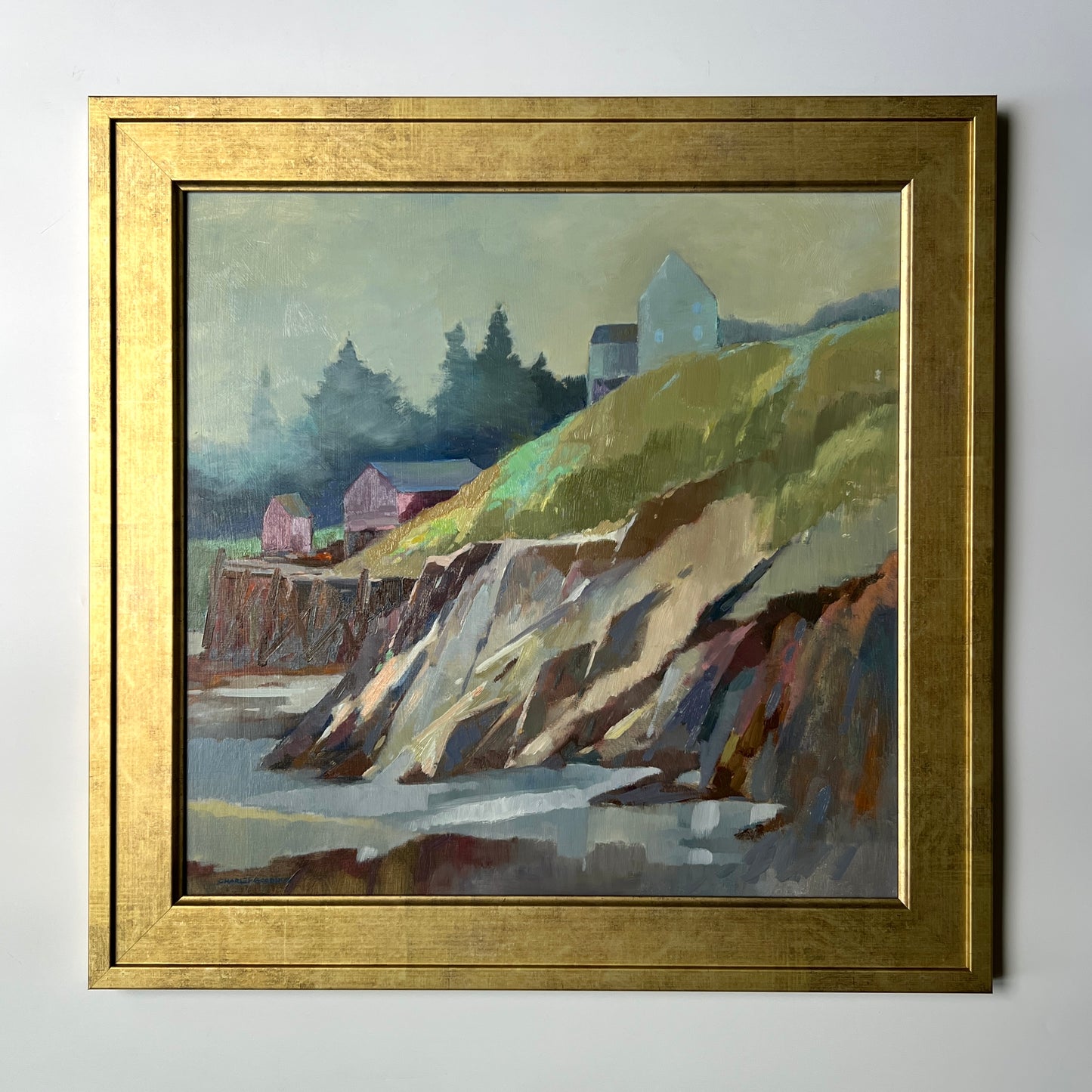 Charles Goodhue "House at the Water's Edge" Maine Coastal Landscape Oil Painting in Gold Frame