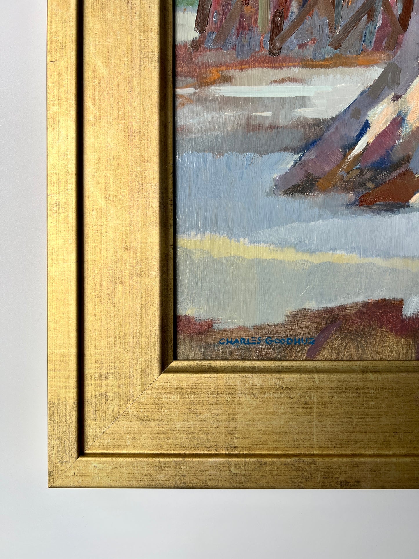 Charles Goodhue "House at the Water's Edge" Maine Coastal Landscape Oil Painting in Gold Frame