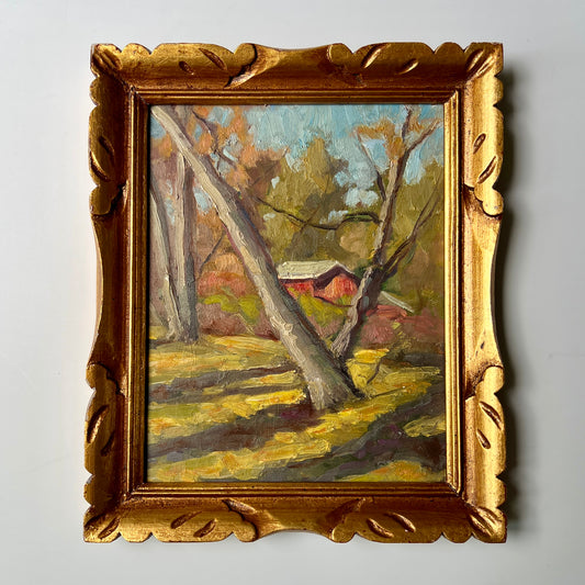 Vintage Impressionist Red Barn Landscape in Ornate Gold Frame