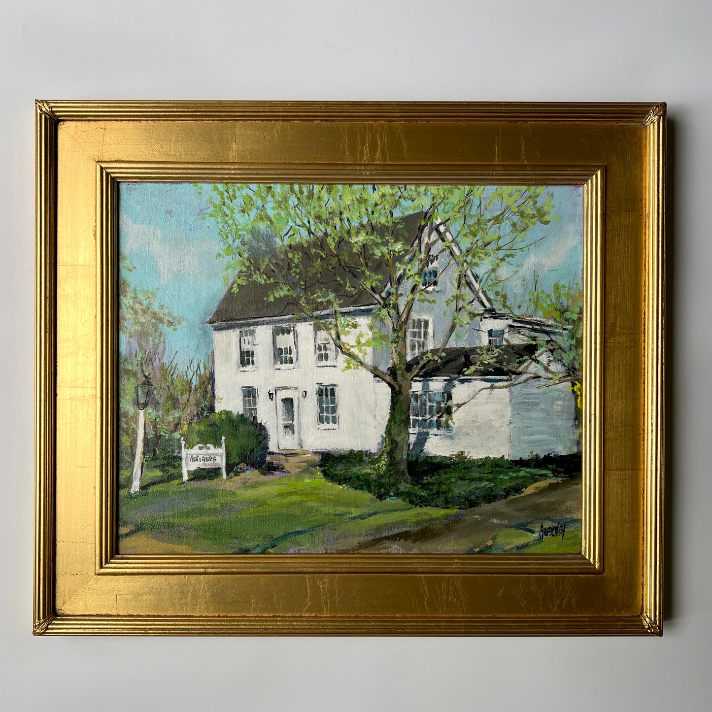 Vintage White Farmhouse Antique Shop Oil Painting in Gold Frame