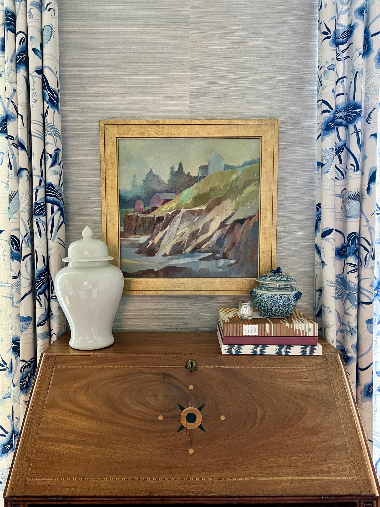 Charles Goodhue "House at the Water's Edge" Maine Coastal Landscape Oil Painting in Gold Frame