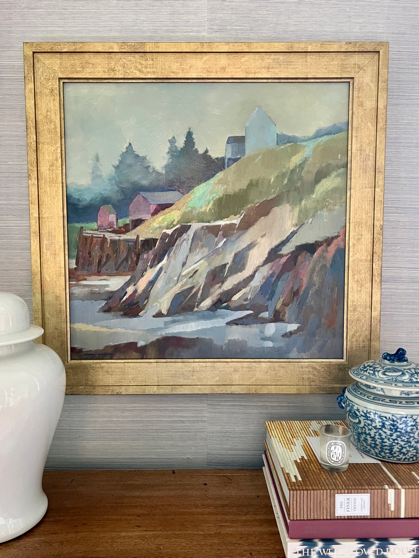 Charles Goodhue "House at the Water's Edge" Maine Coastal Landscape Oil Painting in Gold Frame