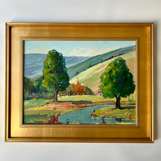 Vintage Dreamlike Impressionist Landscape Painting in Gold Frame