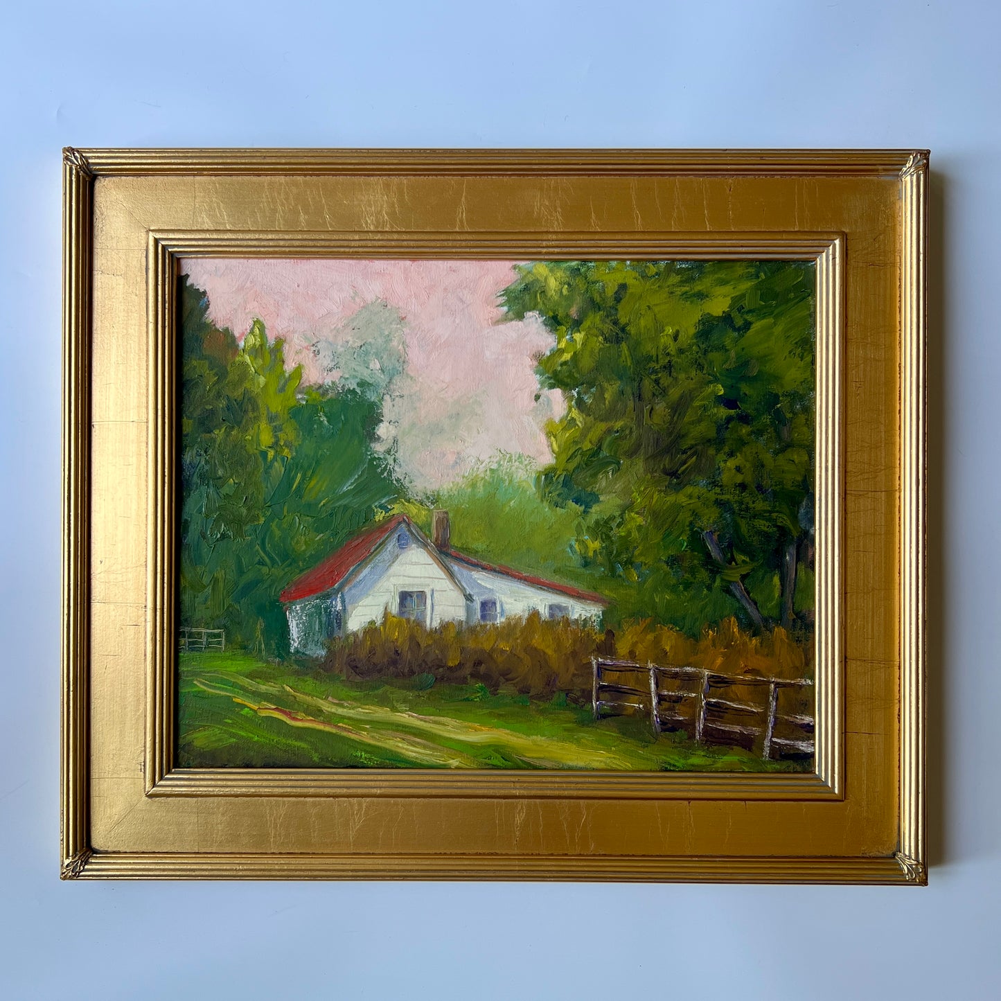 Douglas Runyan American Pink Sky White House Landscape Painting in Gold Frame