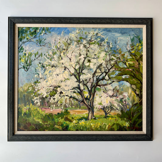 Impressionist Orchard Landscape Oil Painting in Blue Wood Frame