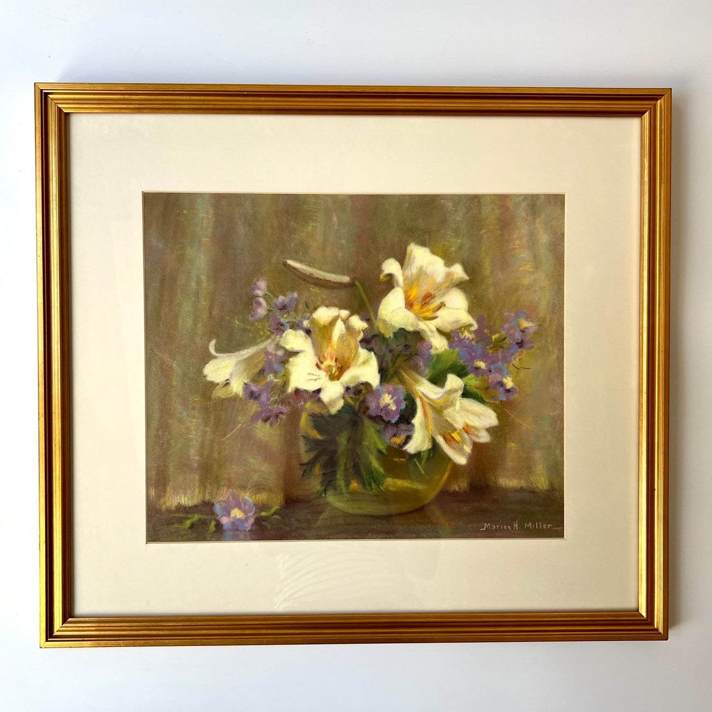 Marion Miller White Lilies Still Life Pastel in Gold Frame