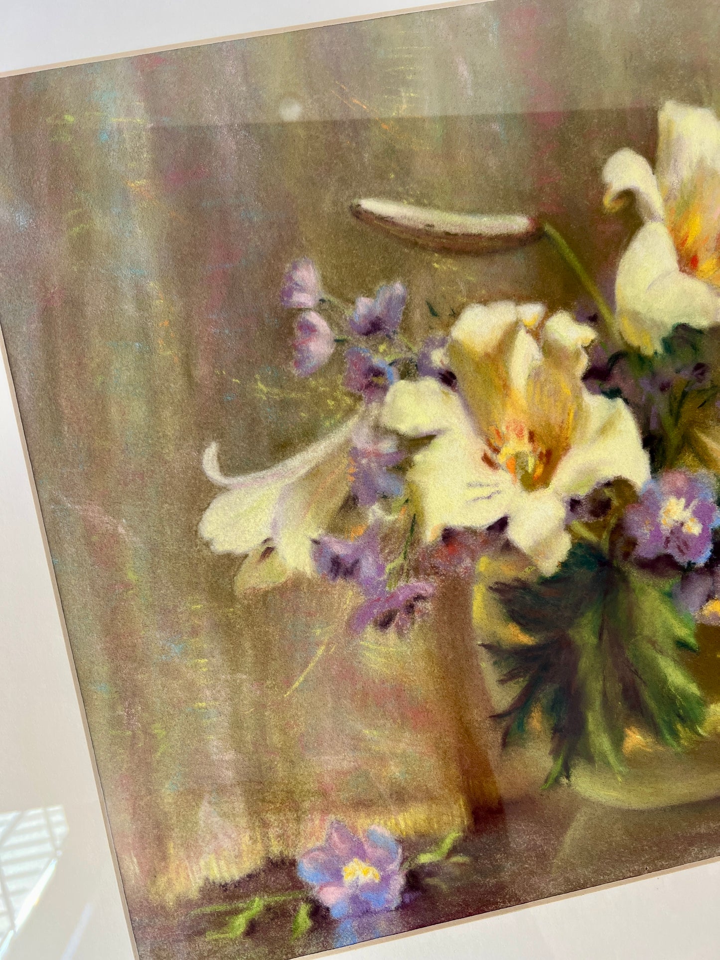 Marion Miller White Lilies Still Life Pastel in Gold Frame