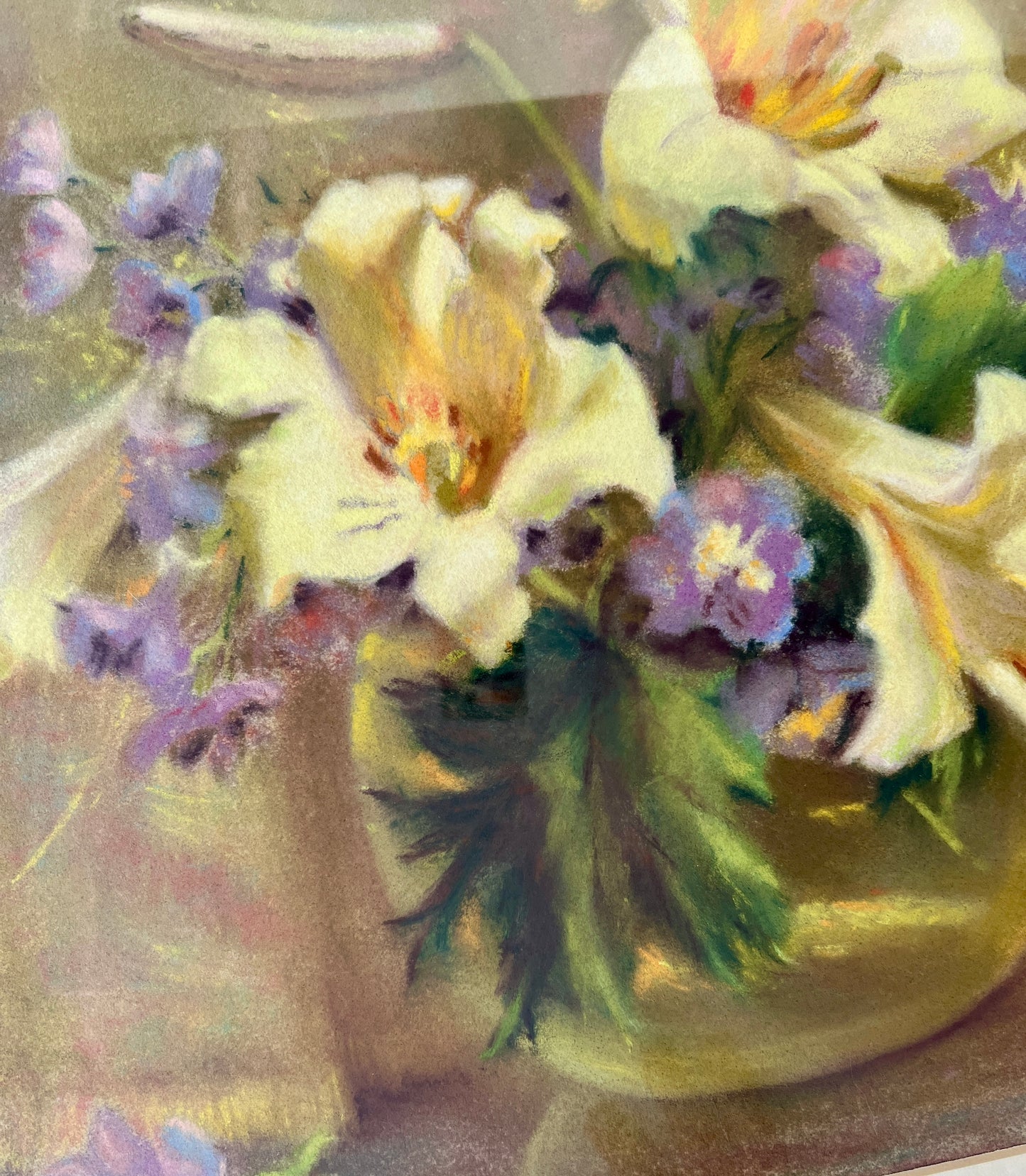 Marion Miller White Lilies Still Life Pastel in Gold Frame