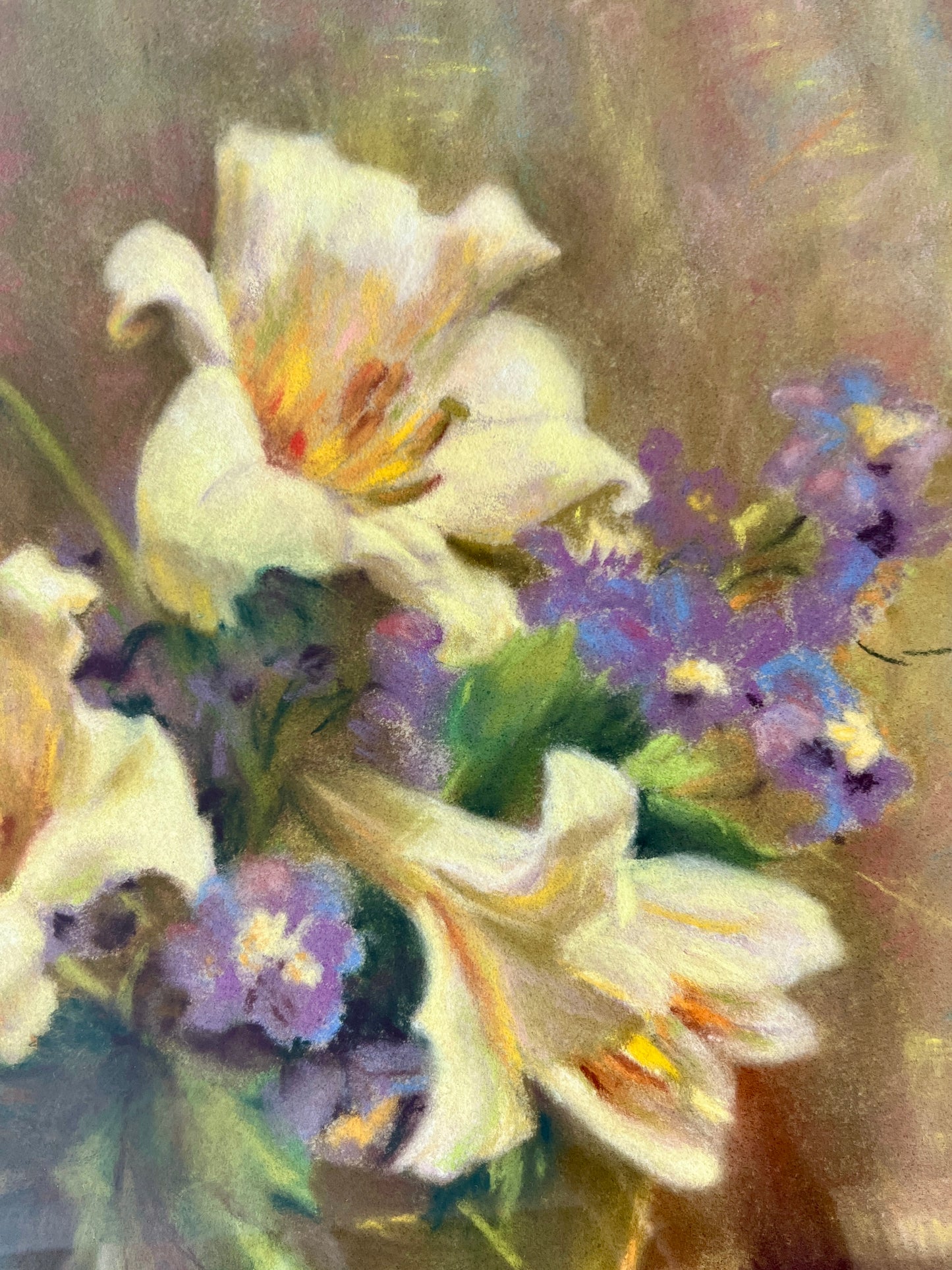 Marion Miller White Lilies Still Life Pastel in Gold Frame