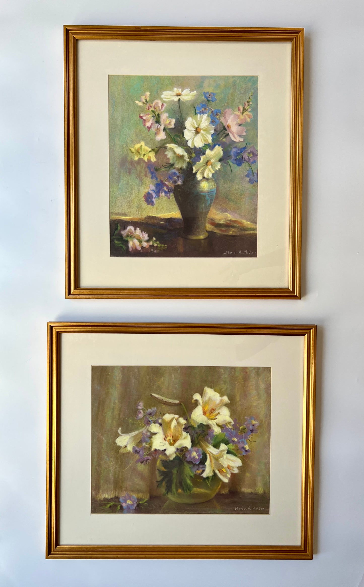 Marion Miller White Lilies Still Life Pastel in Gold Frame