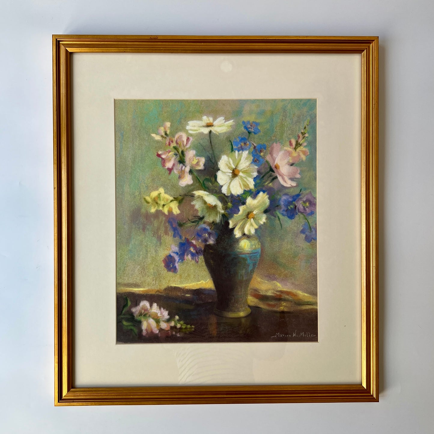 Marion Miller Daisies and Snapdragons in Blue Vase Still Life Pastel in Gold Frame