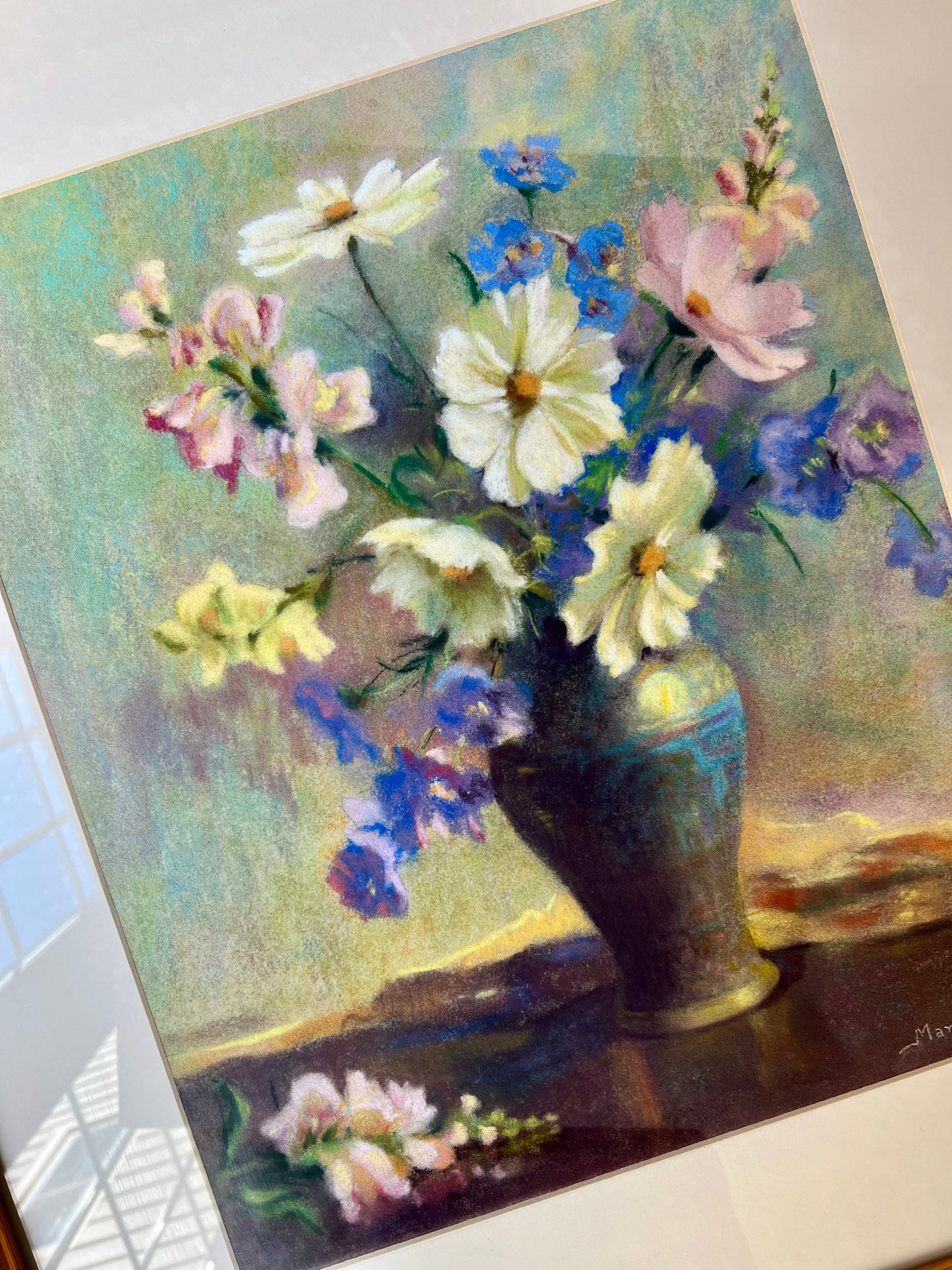 Marion Miller Daisies and Snapdragons in Blue Vase Still Life Pastel in Gold Frame