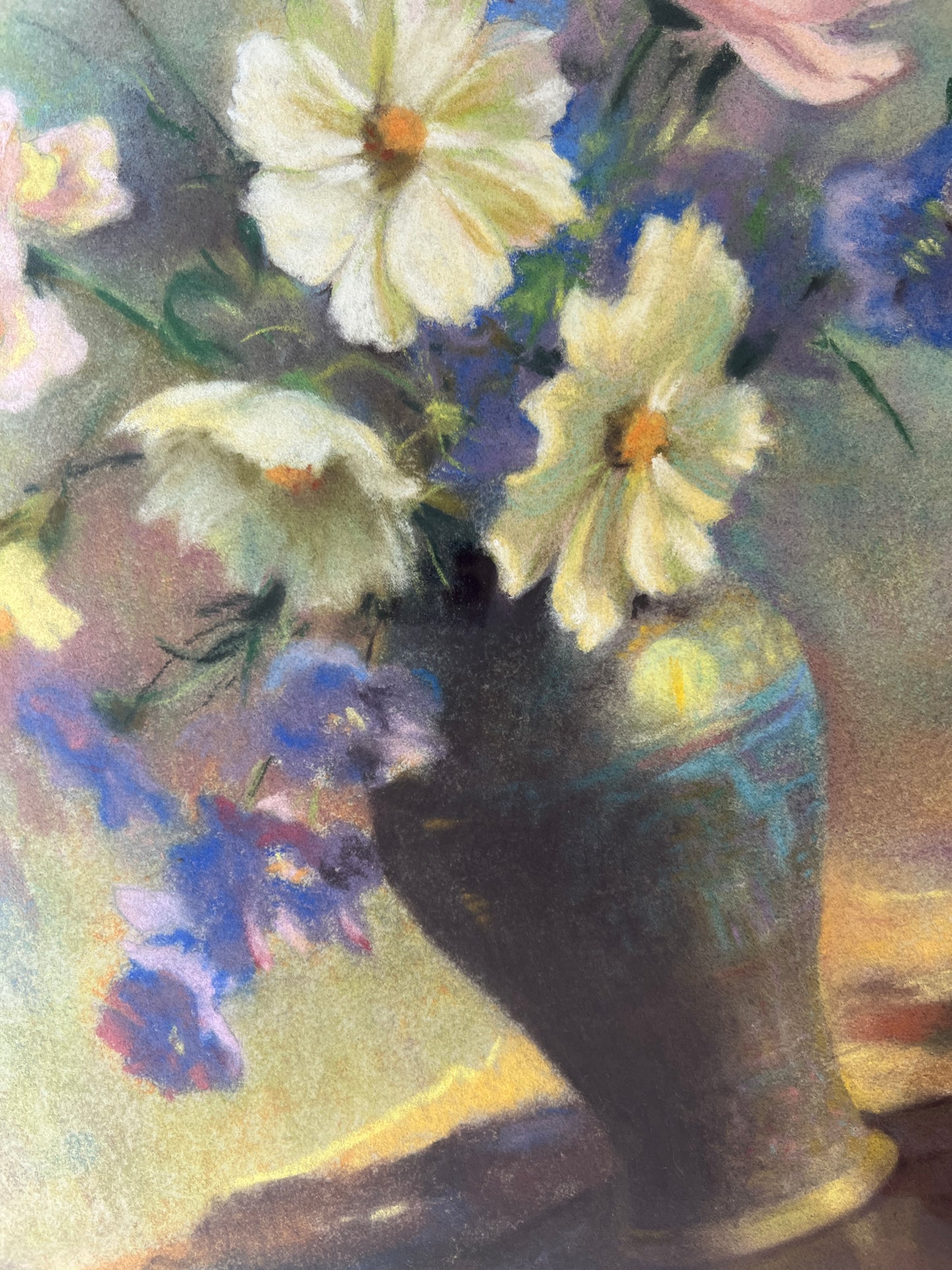 Marion Miller Daisies and Snapdragons in Blue Vase Still Life Pastel in Gold Frame