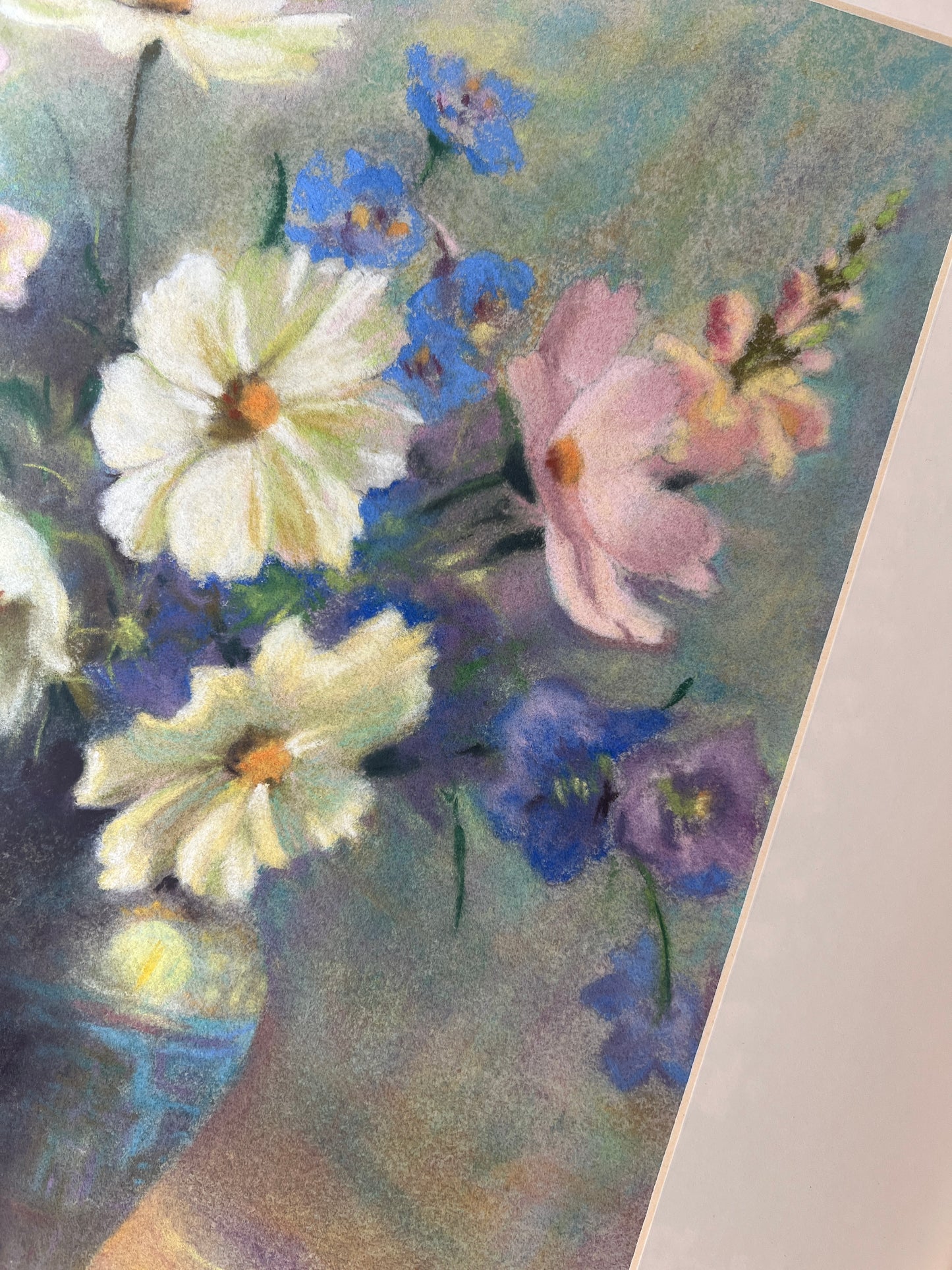 Marion Miller Daisies and Snapdragons in Blue Vase Still Life Pastel in Gold Frame