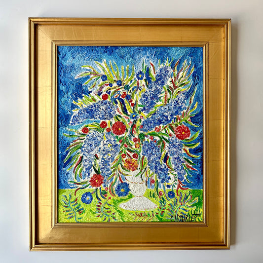 Celine Chourlet Expressionist Impasto Floral Still Life "Lilas Mauves" in Gold Frame