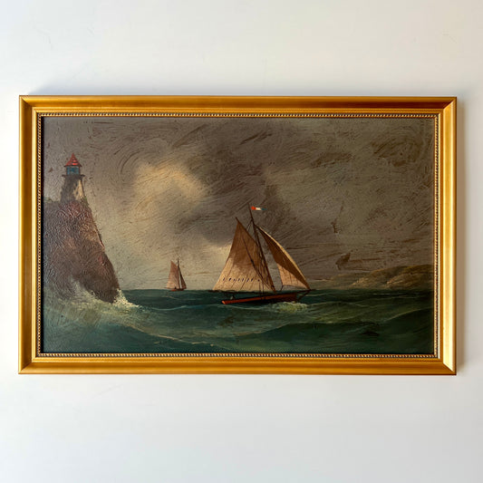 19th Century French Seascape of Sailboats Approaching a Lighthouse in Gold Frame