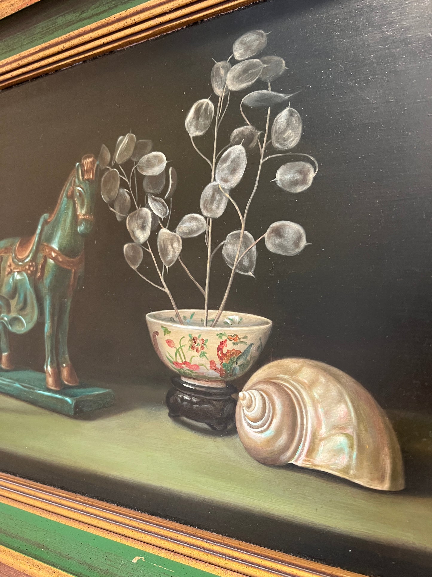 Dark Still Life Painting of Horse and Shell