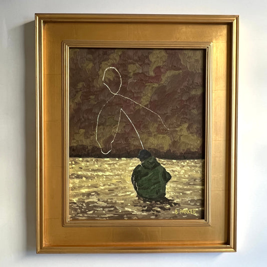 Contemporary Fly Fisherman Morning Catch Oil Painting Portrait in Gold Frame