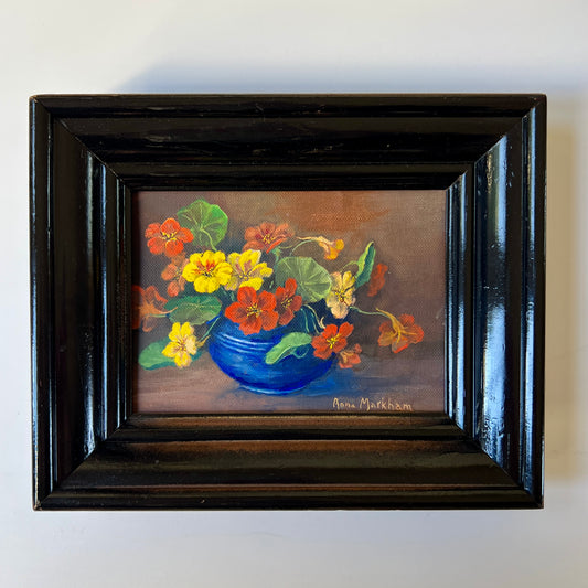 Vintage Still Life of Pansies in Blue Bowl in Black Laquer Frame