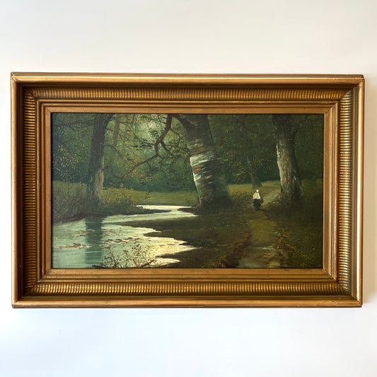 19th Century Woods Walk Forest Landscape Oil Painting in Antique Frame