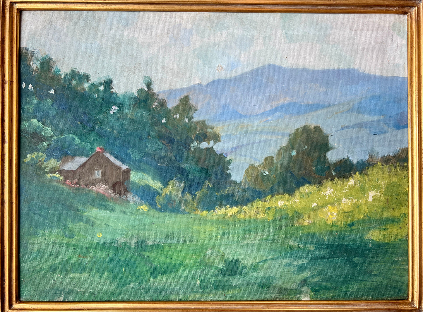 Antique Rural House and Landscape Oil Painting