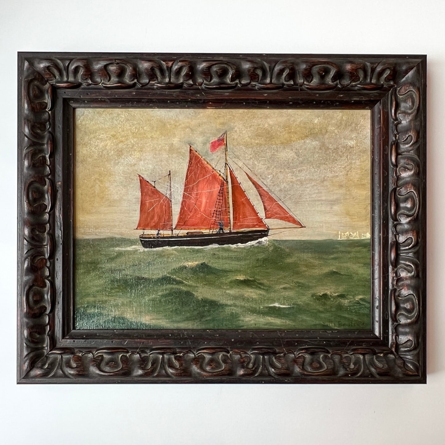 19th Century British Sailboat Ship Folk Portrait Oil Painting