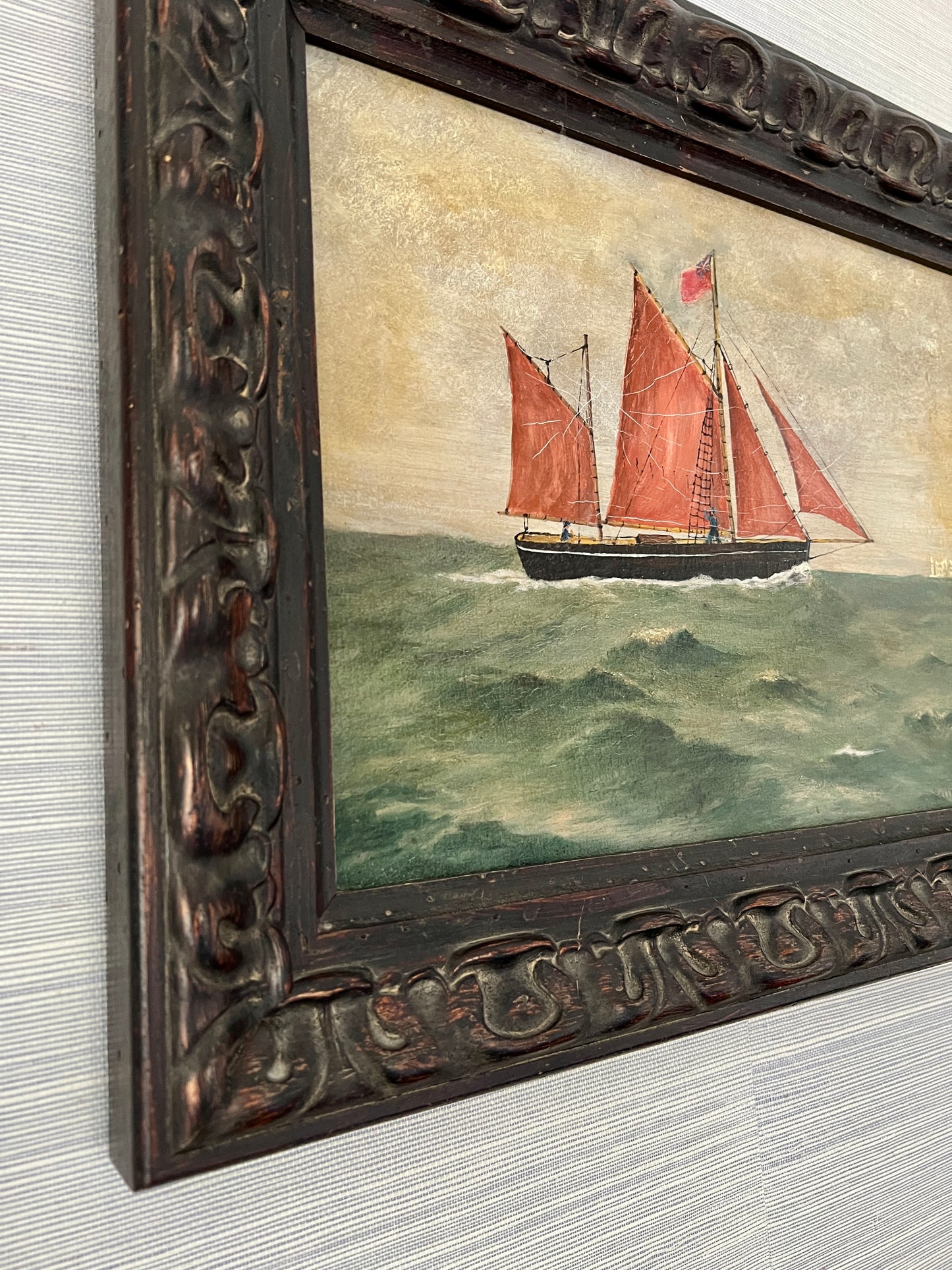 19th Century British Sailboat Ship Folk Portrait Oil Painting