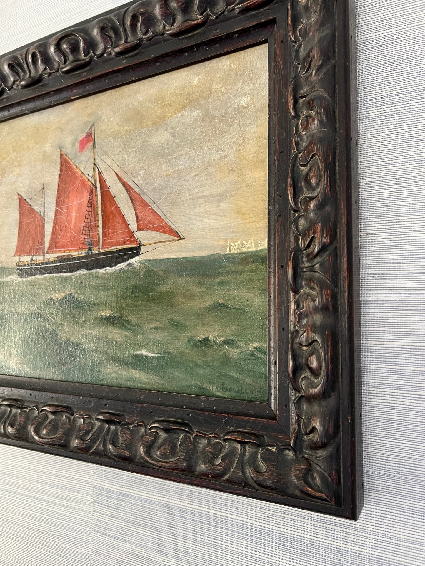 19th Century British Sailboat Ship Folk Portrait Oil Painting