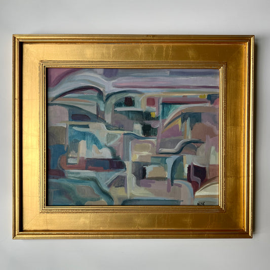 Marlene E. Miller Evening in Monteveglio Abstract Expressionist Landscape Painting in Gold Frame