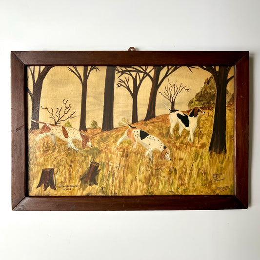 Early 20th Century Alexander Brown's Woods American Fox Hunt Hounds Oil Painting in Wood Frame