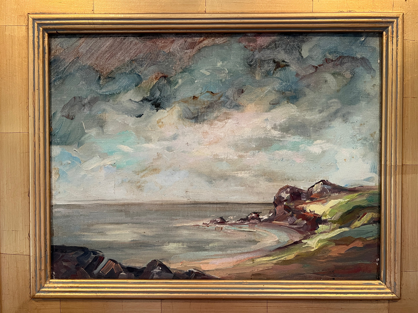 Antique Coastal Landscape Cove Oil Painting in Gold Frame