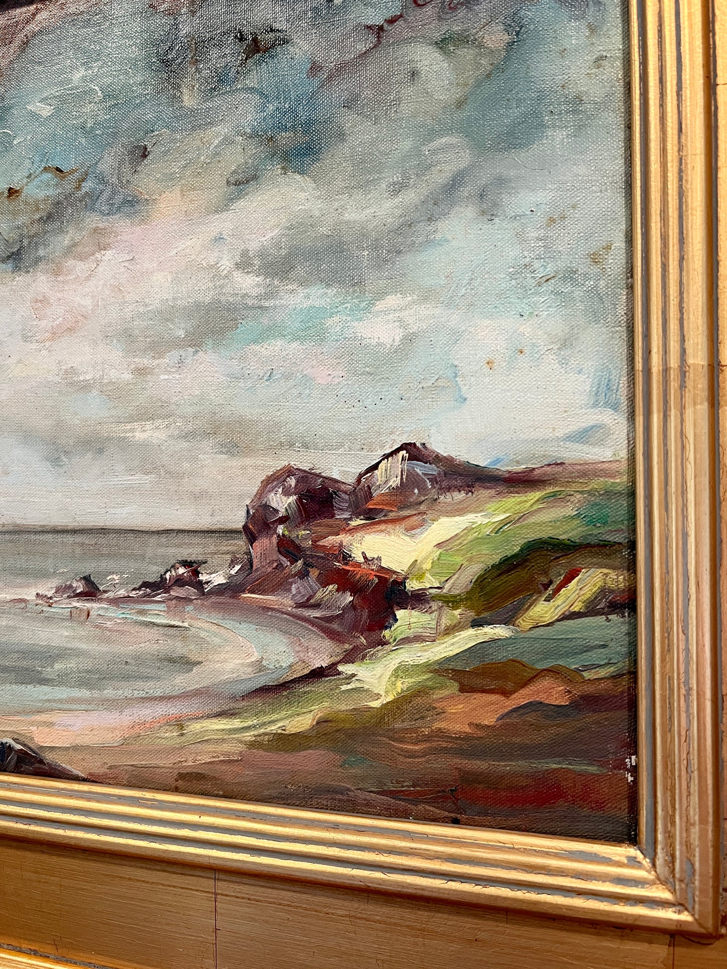 Antique Coastal Landscape Cove Oil Painting in Gold Frame