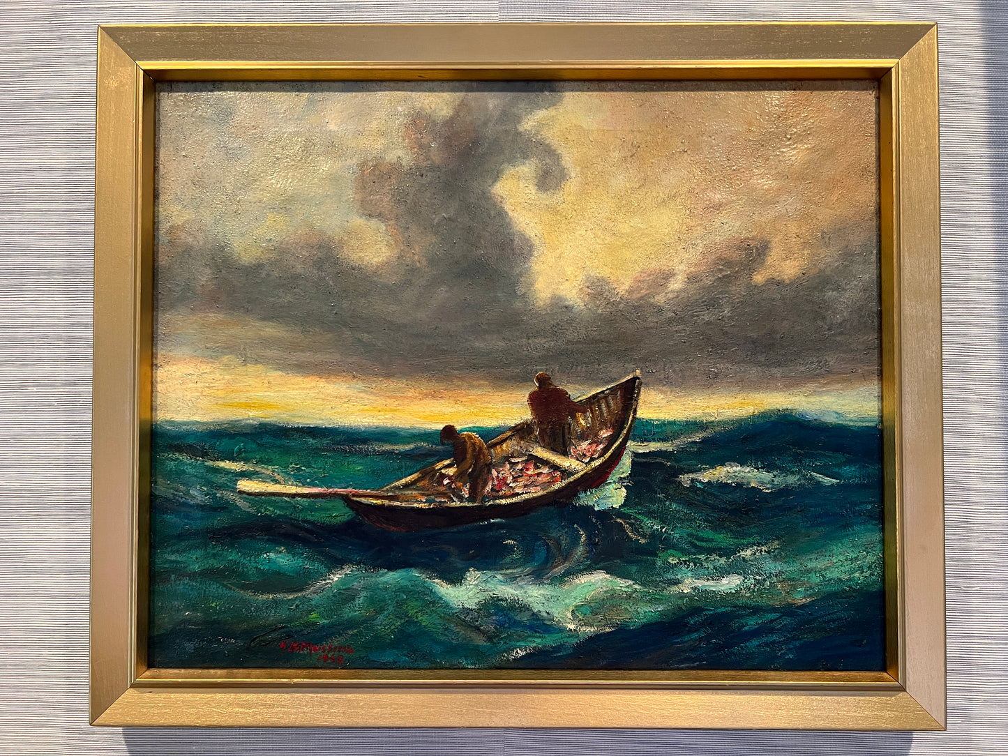 Henry B. Mussina (1903-1969) Seascape Row Boat Oil Painting in Gold Frame