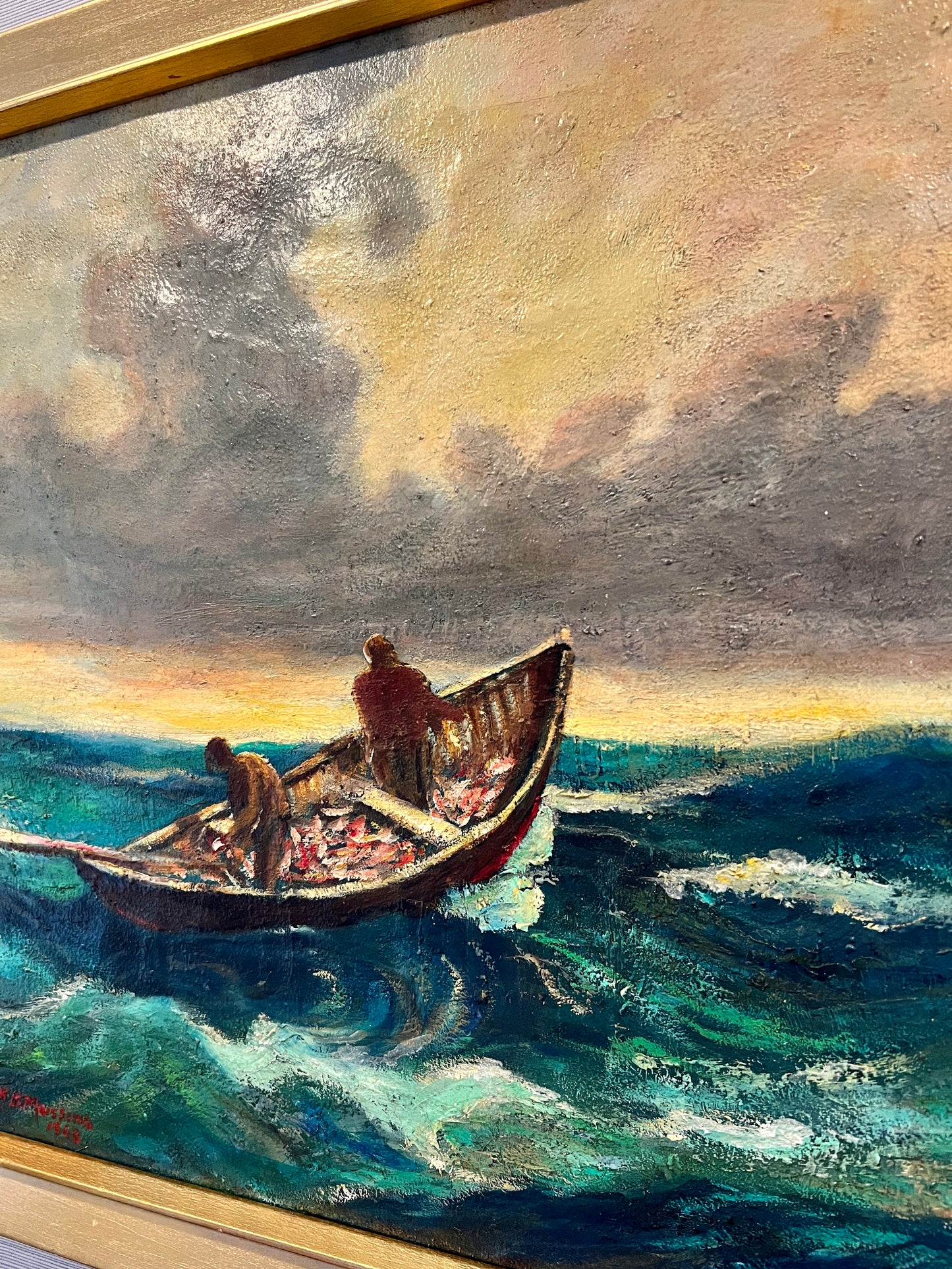 Henry B. Mussina (1903-1969) Seascape Row Boat Oil Painting in Gold Frame