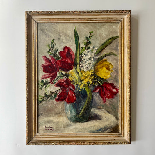 Caroline Jobbins Vintage Floral Bouquet Still Life Oil Painting in White and Gold Frame