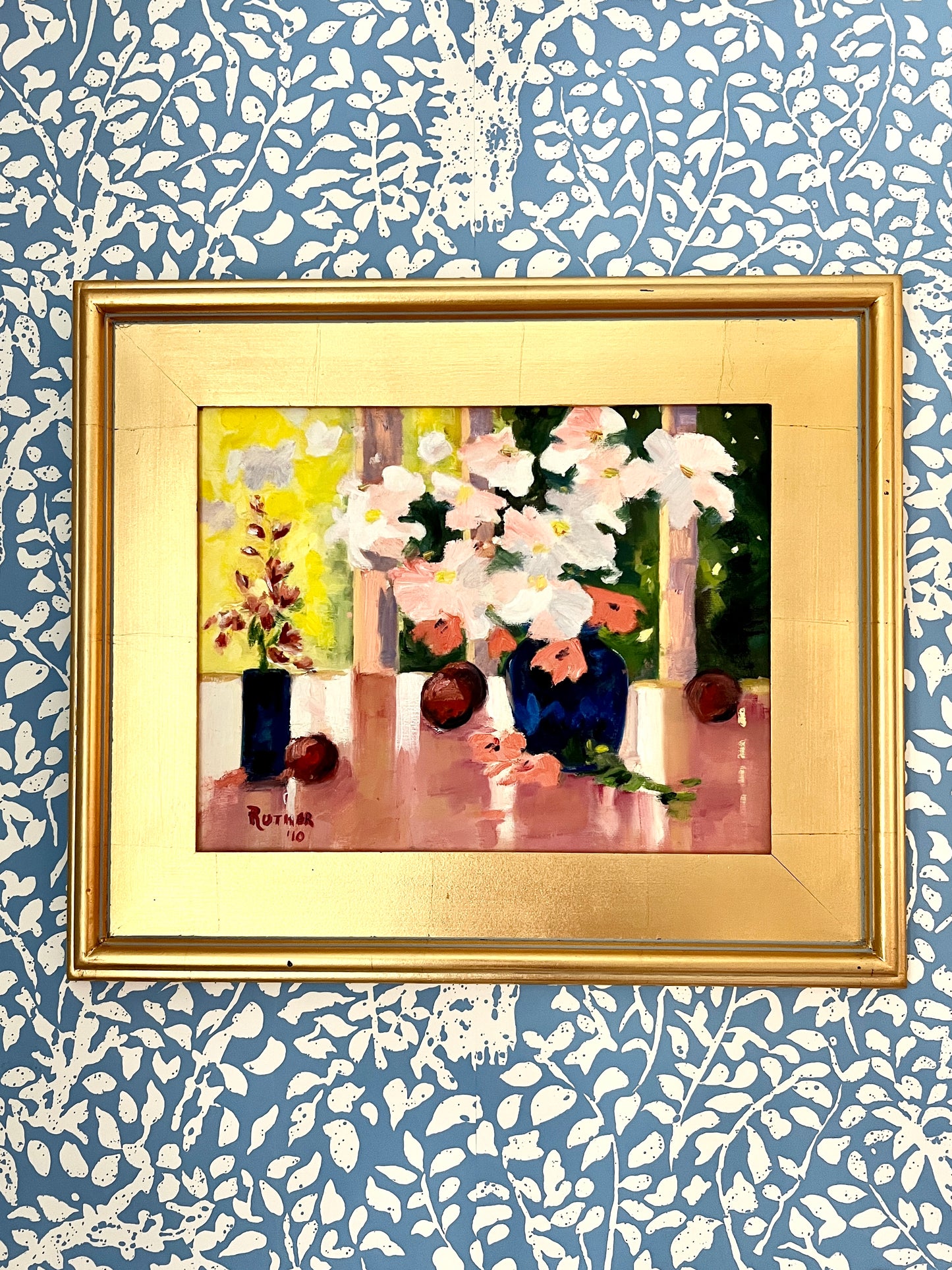 Pink and Blue Floral with Apples Modern Still Life Painting