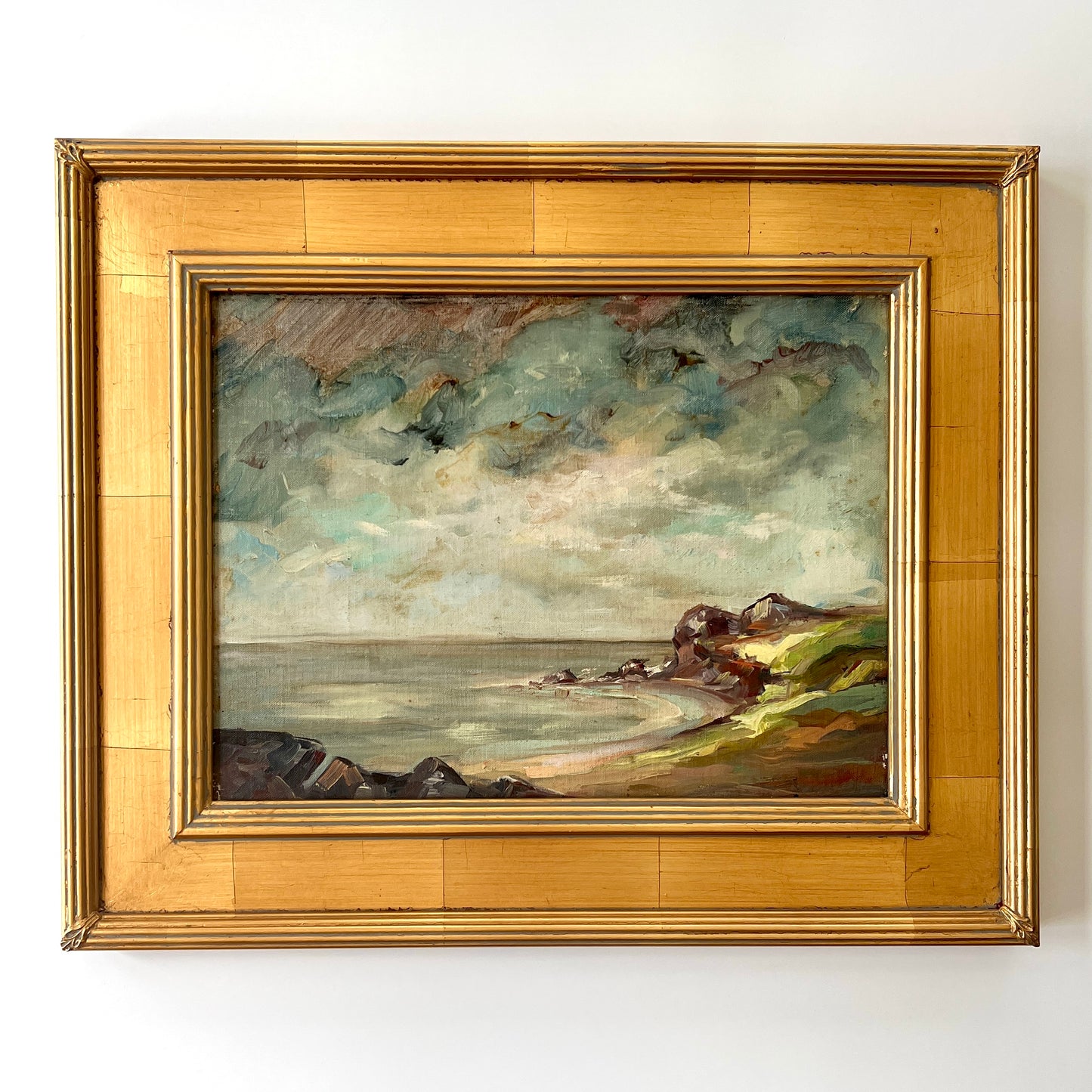 Antique Coastal Landscape Cove Oil Painting in Gold Frame