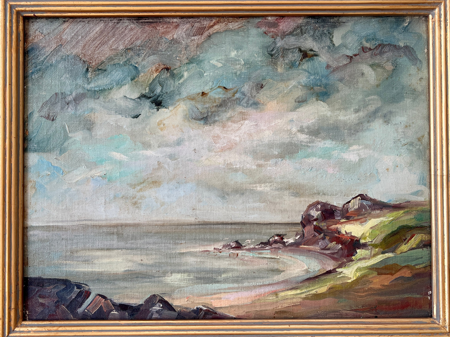 Antique Coastal Landscape Cove Oil Painting in Gold Frame