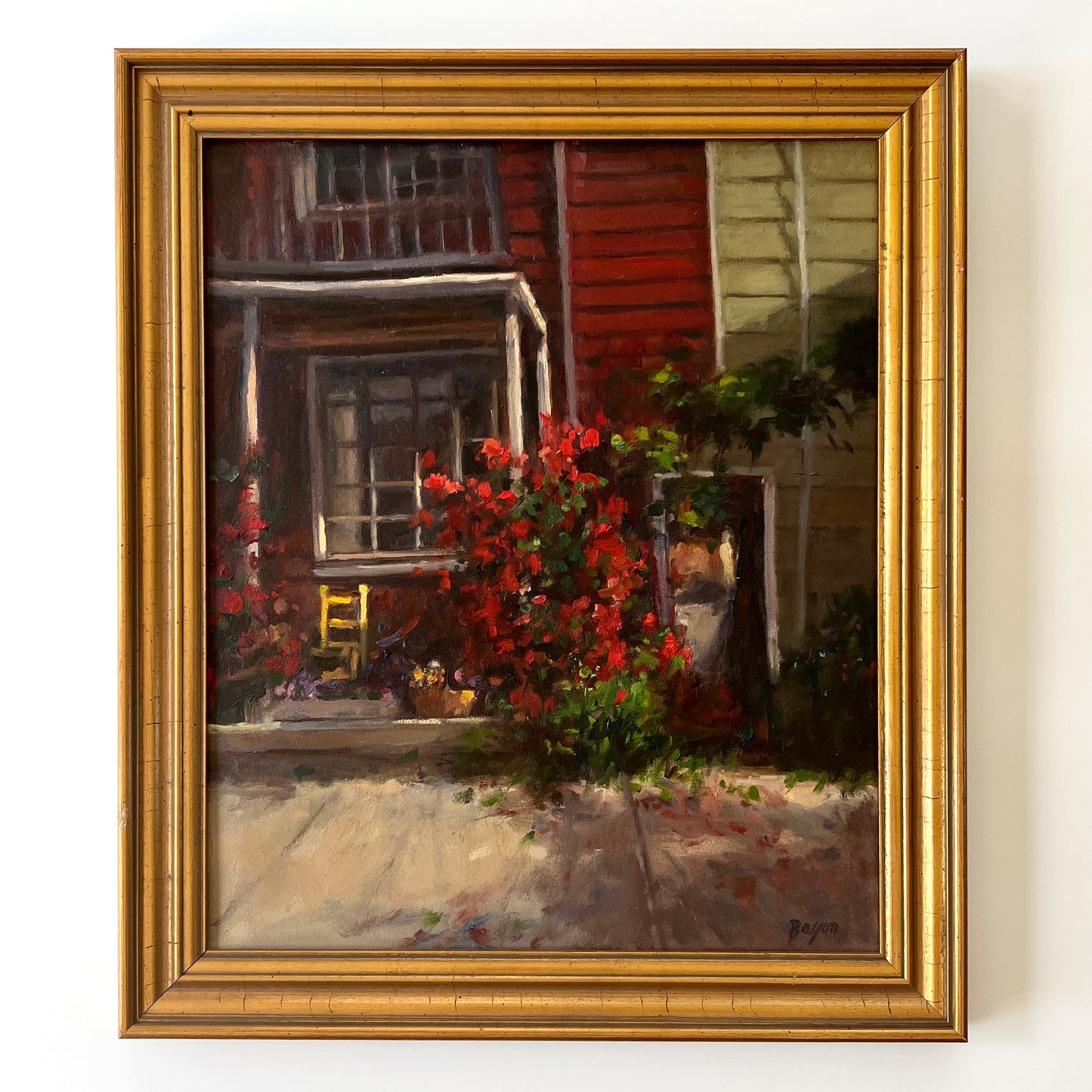 Small Town Houses Front Porch Scene Oil Painting in Gold Frame