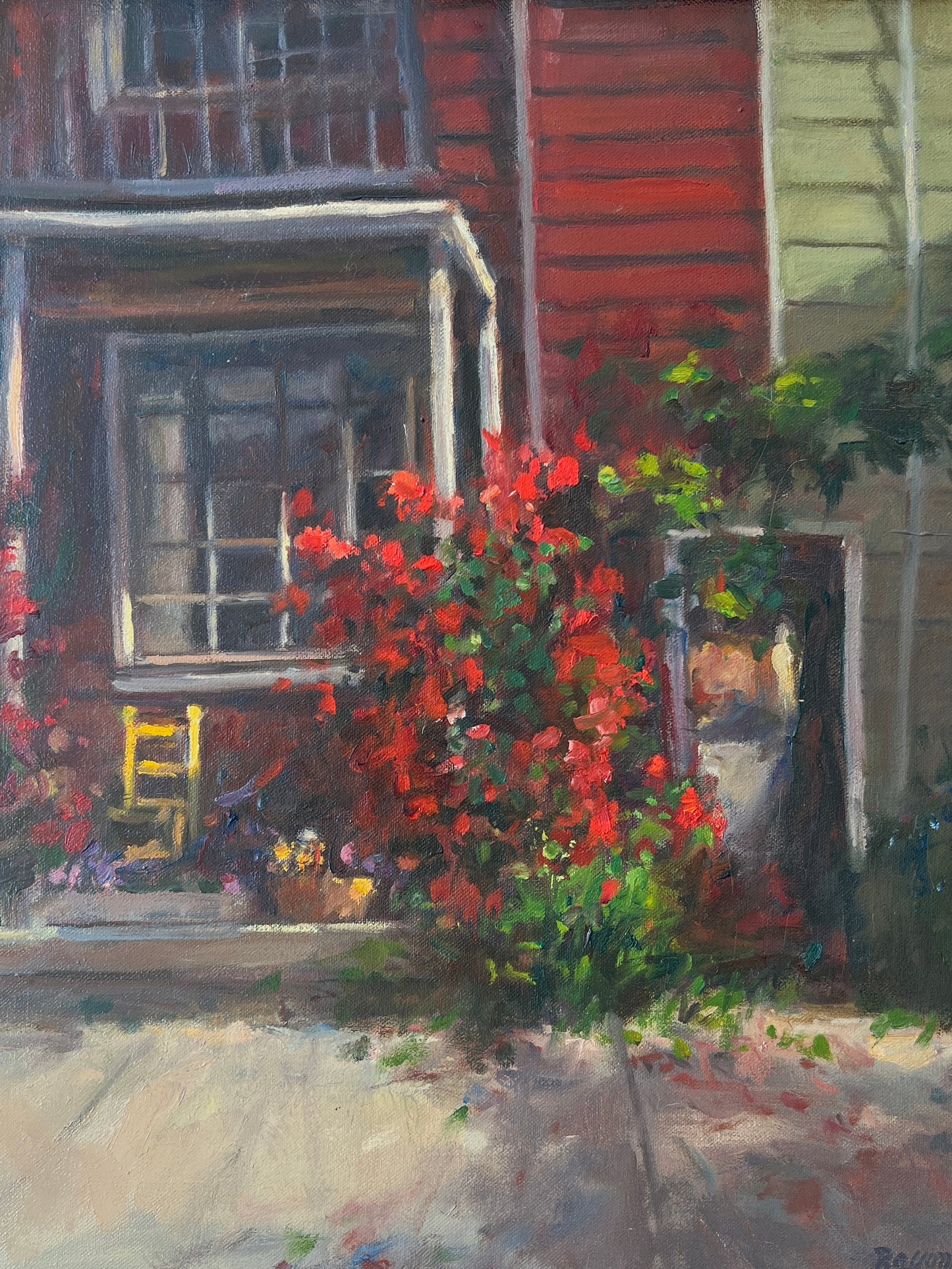 Small Town Houses Front Porch Scene Oil Painting in Gold Frame